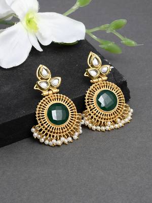 Gold plated green centre long kundan dangler earrings for women 1