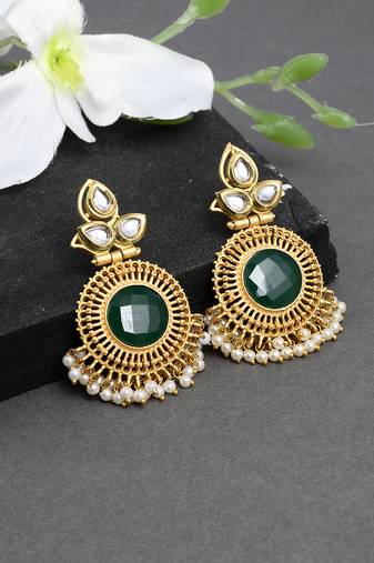 Gold plated green centre long kundan dangler earrings for women