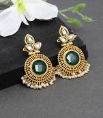 Gold plated green centre long kundan dangler earrings for women