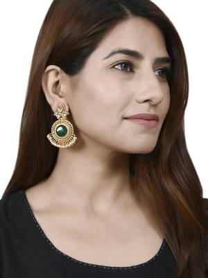 Gold plated green centre long kundan dangler earrings for women 2