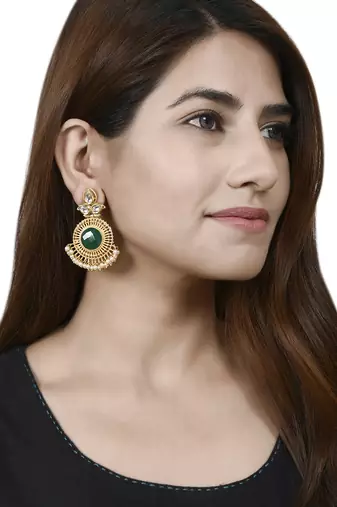 Gold plated green centre long kundan dangler earrings for women