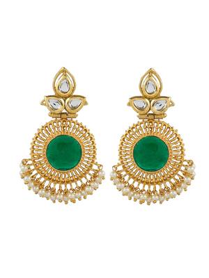 Gold plated green centre long kundan dangler earrings for women 3