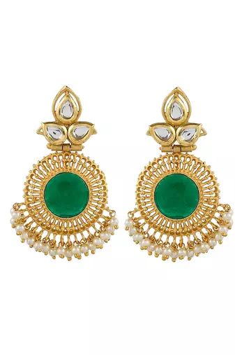 Gold plated green centre long kundan dangler earrings for women