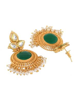 Gold plated green centre long kundan dangler earrings for women 4