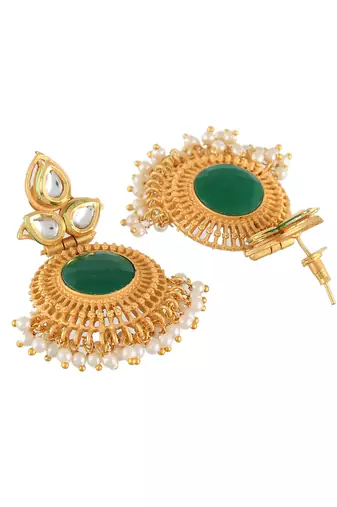 Gold plated green centre long kundan dangler earrings for women