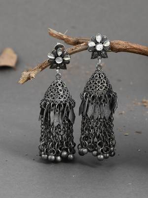 Oxidized silver plated kundan studded jhumka earringsfor women 1