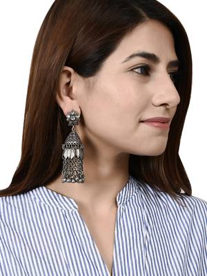 Oxidized silver plated kundan studded jhumka earringsfor women 2
