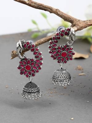 Pink oxidized silver plated peacock  jhumki earrings 1