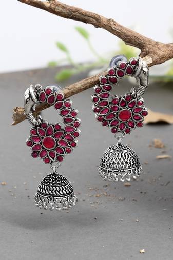 Pink oxidized silver plated peacock  jhumki earrings