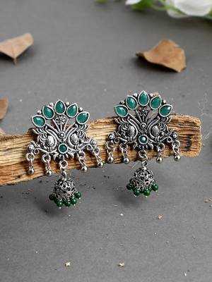 Traditional green oxidized silver plated drop earrings for women 1