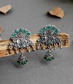 Traditional green oxidized silver plated drop earrings for women