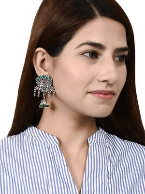 Traditional green oxidized silver plated drop earrings for women 2
