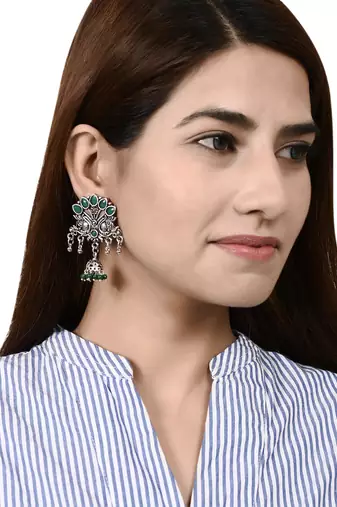 Traditional green oxidized silver plated drop earrings for women