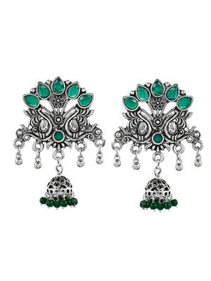 Traditional green oxidized silver plated drop earrings for women 3