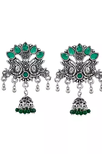 Traditional green oxidized silver plated drop earrings for women