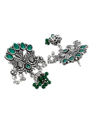Traditional green oxidized silver plated drop earrings for women 4