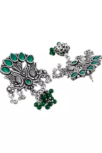 Traditional green oxidized silver plated drop earrings for women