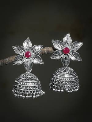 Floral oxidized silver tone jhumka earrings 1