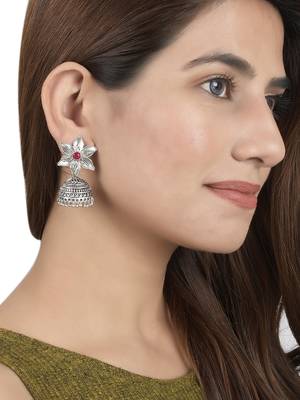 Floral oxidized silver tone jhumka earrings 2
