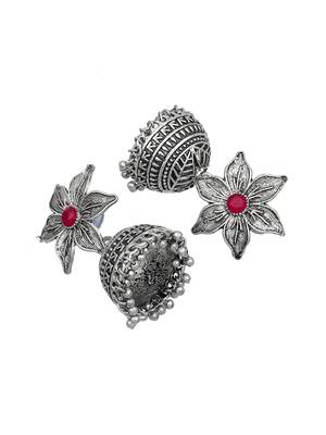 Floral oxidized silver tone jhumka earrings 3