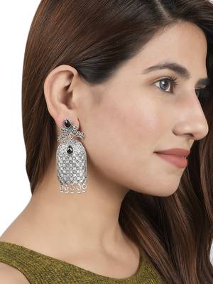 Black oxidized silver tone bollywood style drop earring 2