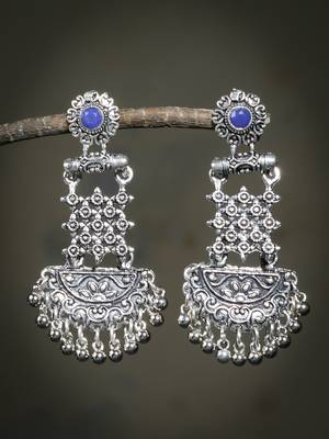 Silver tone oxidized blue contemporary drop earring 1