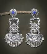 Silver tone oxidized blue contemporary drop earring