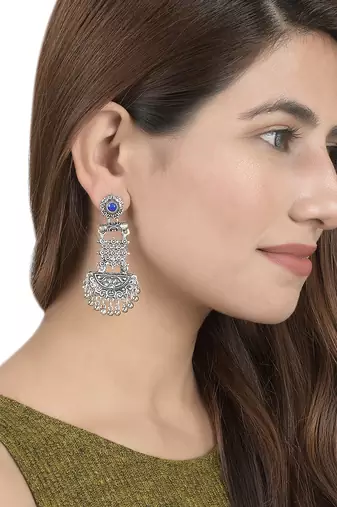 Silver tone oxidized blue contemporary drop earring