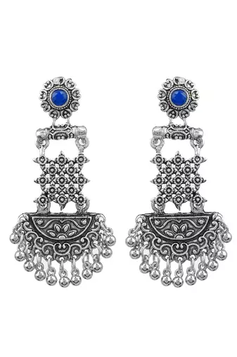 Silver tone oxidized blue contemporary drop earring