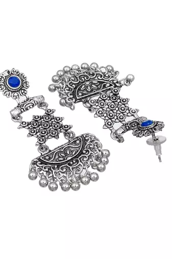 Silver tone oxidized blue contemporary drop earring
