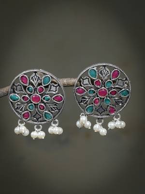 Classic pink & green oxidized filigree stud earring for women 1