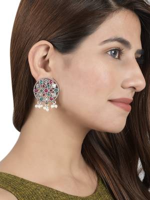 Classic pink & green oxidized filigree stud earring for women 2