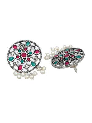 Classic pink & green oxidized filigree stud earring for women 4