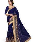 Navy blue zari embroidery border work georgette saree with blouse