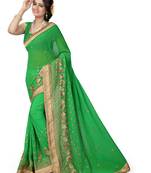 Parrot green zari embroidery border work georgette saree with blouse