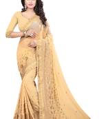 Beige zari embroidery border work georgette saree with blouse
