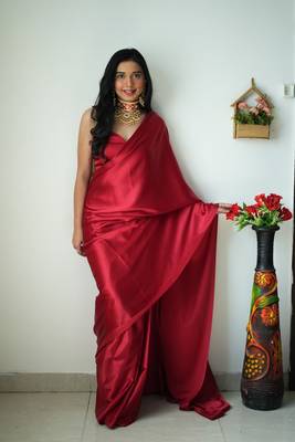 Maroon Colour Pure Satin Silk Ready To Wear saree WITH UN-STITCHED BLOUSE 1