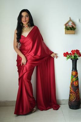 Maroon Colour Pure Satin Silk Ready To Wear saree WITH UN-STITCHED BLOUSE 3