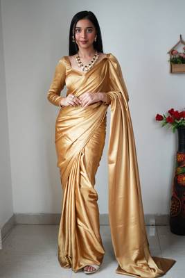 Cream Colour Pure Satin Silk Ready To Wear Saree With Un-Stitched Blouse 1