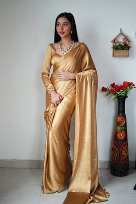 Cream Colour Pure Satin Silk Ready To Wear Saree With Un-Stitched Blouse 3