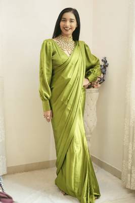 Pista Colour Pure Satin Silk Ready To Wear saree WITH UN-STITCHED BLOUSE 1