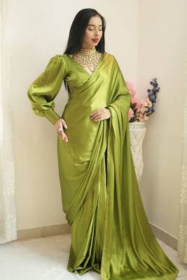 Pista Colour Pure Satin Silk Ready To Wear saree WITH UN-STITCHED BLOUSE 3