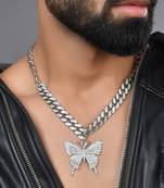 Mens butterfly iced out pendant cuban chain 18inch silver-plated necklace | hiphop chain for men