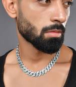 Mens hip hop iced out cuban link short chain 15mm, 18inch long blue silver plated necklace|stylish rapper chain for men