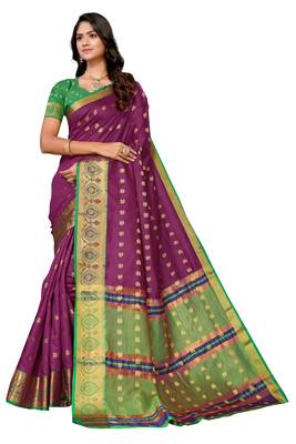 Wine colored zari woven butta with contrast border and blouse banarsi silk jacquard saree. 1
