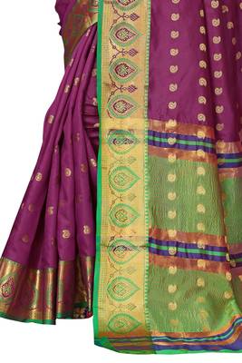 Wine colored zari woven butta with contrast border and blouse banarsi silk jacquard saree. 3