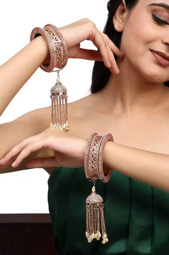 Set of 2 Rose Gold-Plated CZ Stone-Studded Handcrafted Latkan Style Bangle