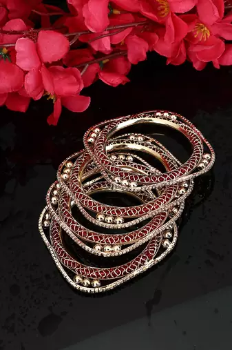 Set of 4 Rose Gold-Plated CZ Stone-Studded Handcrafted Bangle Style Bracelet
