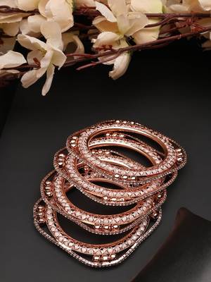 Set of 4 Rose Gold-Plated CZ Stone-Studded Handcrafted Square Shape Bangle 2