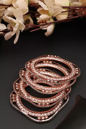 Set of 4 Rose Gold-Plated CZ Stone-Studded Handcrafted Square Shape Bangle